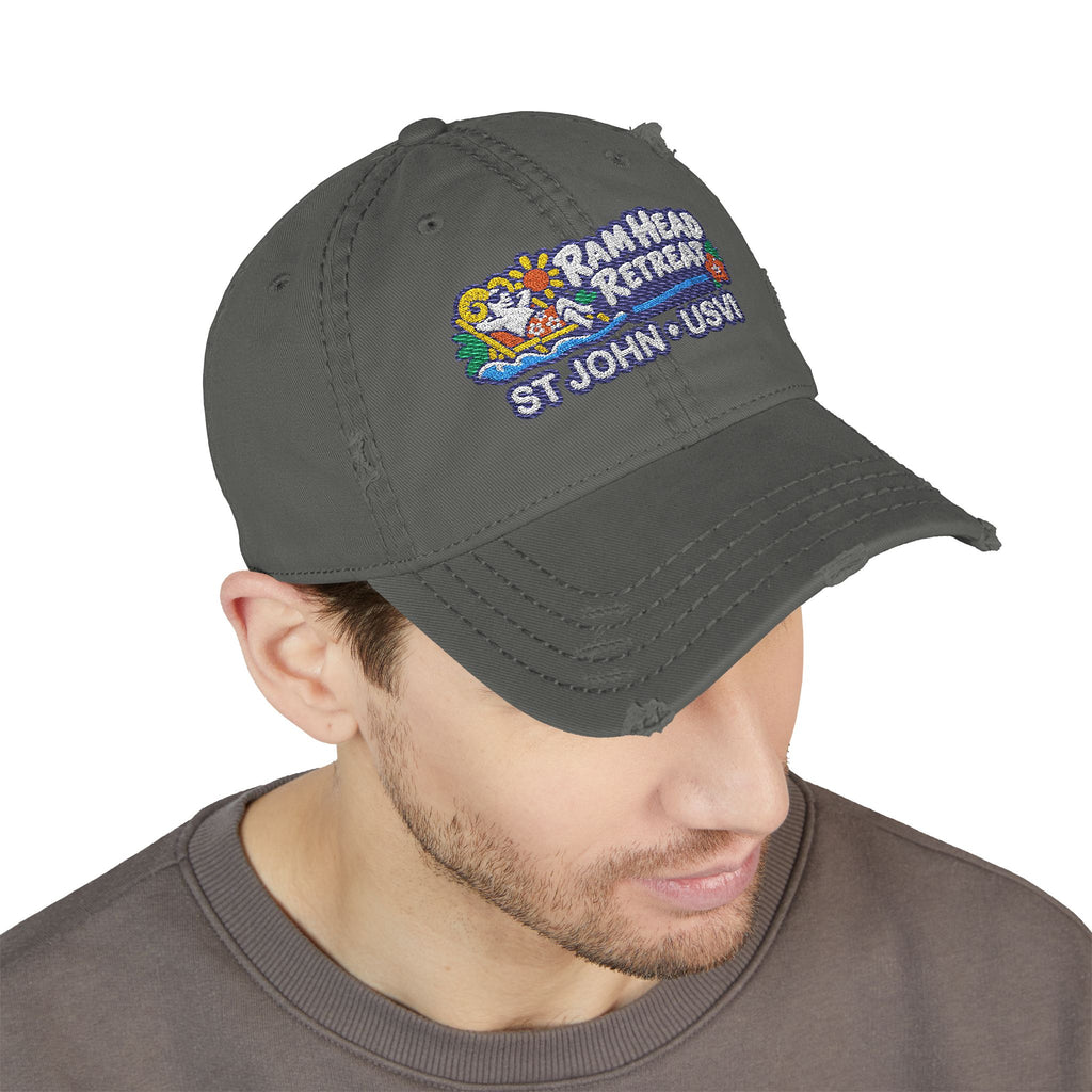 Ram Head Retreat St John USVI embroidered distressed dad hat, product and model view 7