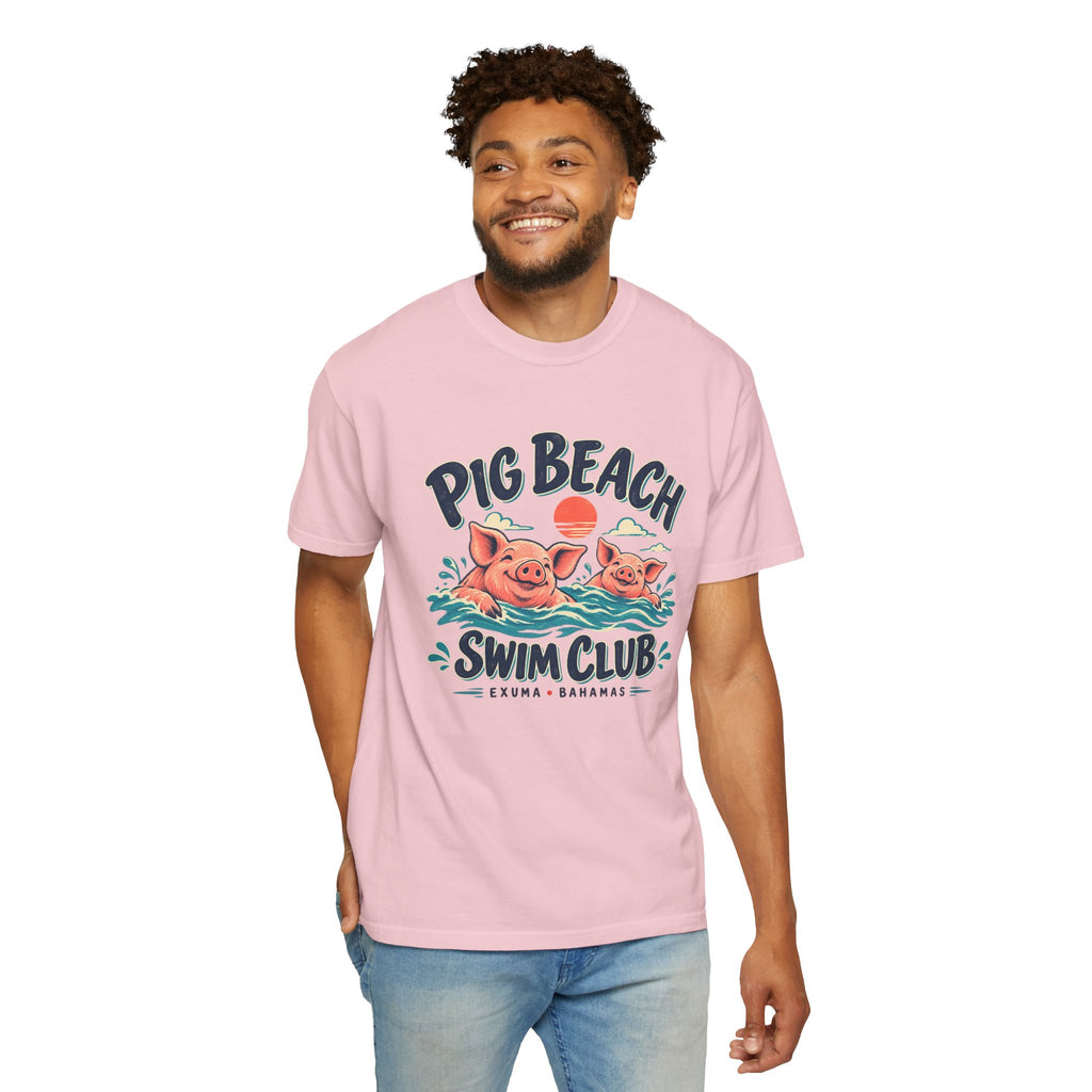 Model wearing the Pig Beach Swim Club Exuma Bahamas Comfort Colors 1717 T-shirt.