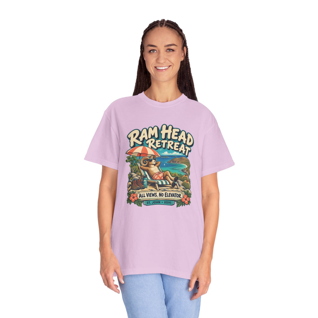Model wearing a Comfort Colors 1717 T-shirt with the Ram Head Retreat lounging ram illustration and St. John USVI lettering.