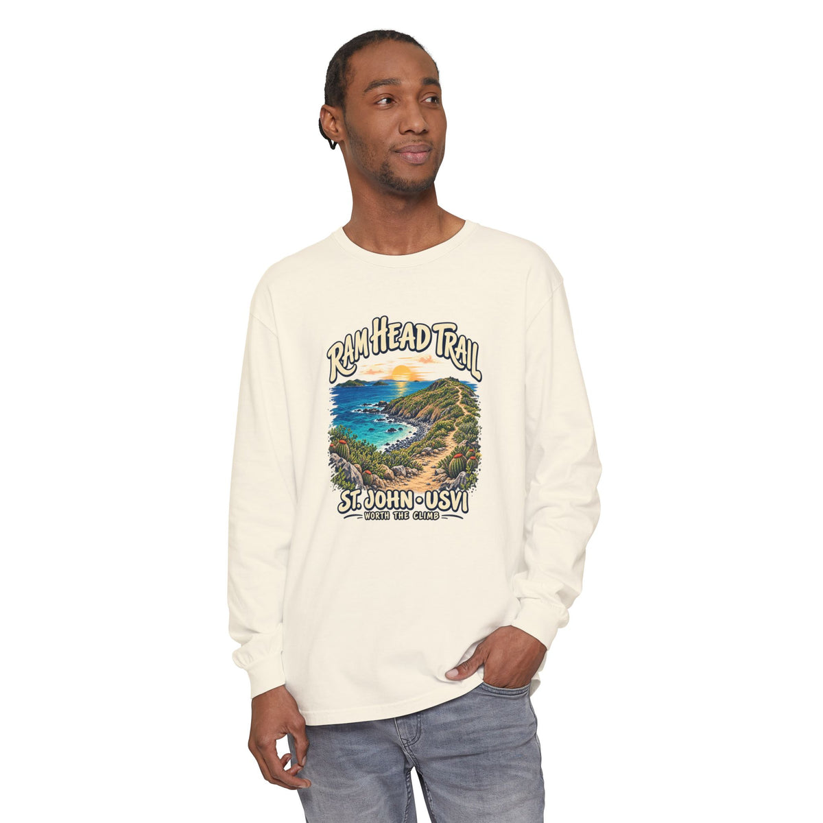 Model mockup of a Comfort Colors 6014 long-sleeve shirt featuring Ram Head Trail, St. John USVI coastal artwork and Worth the Climb lettering.