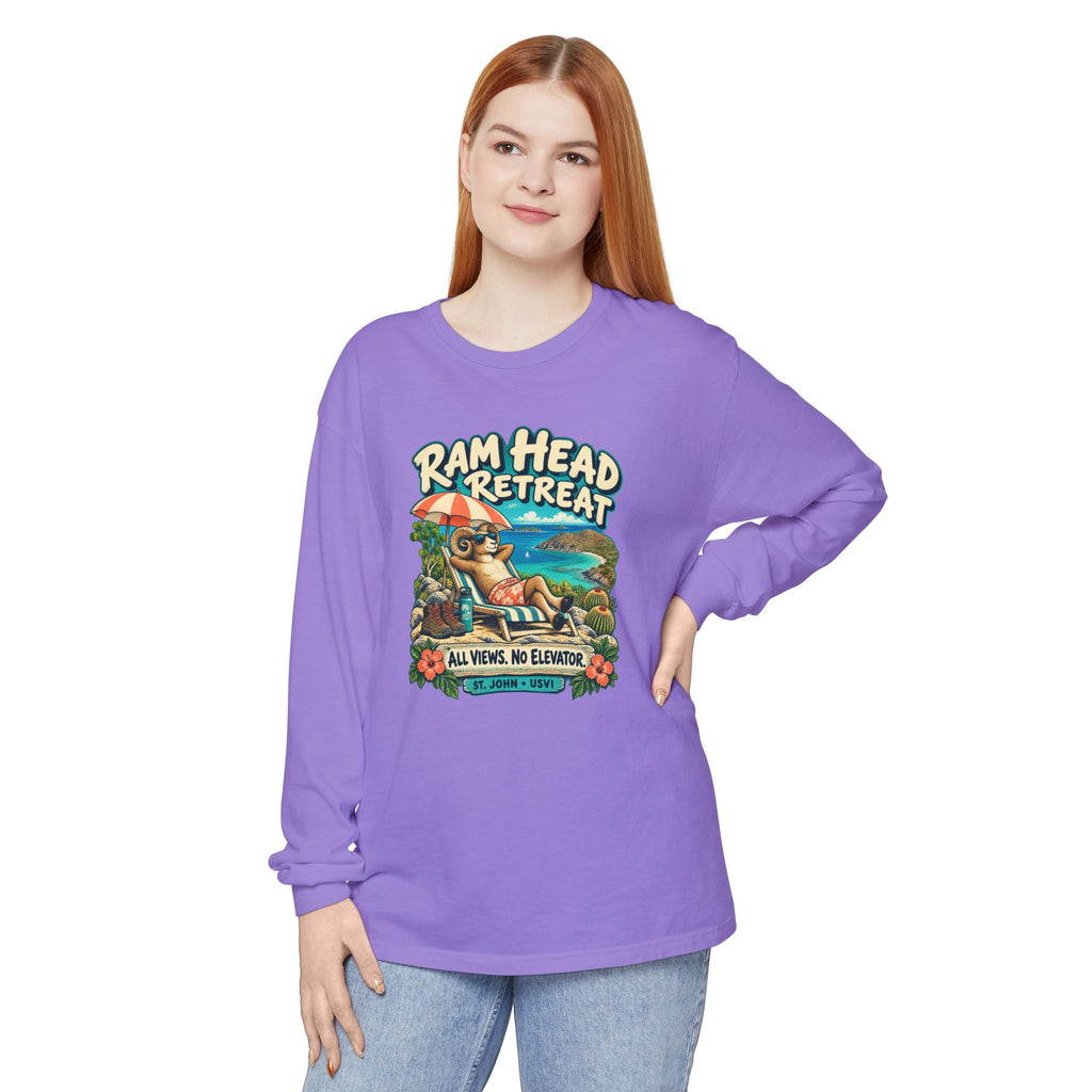 Model wearing Ram Head Retreat St John USVI Comfort Colors 6014 Long-Sleeve T-Shirt with the lounging ram retreat design.