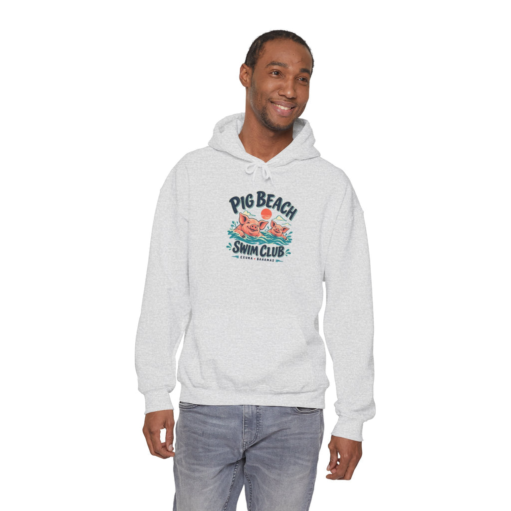 Model wearing the Pig Beach Swim Club Exuma Bahamas Gildan 18500 hoodie.
