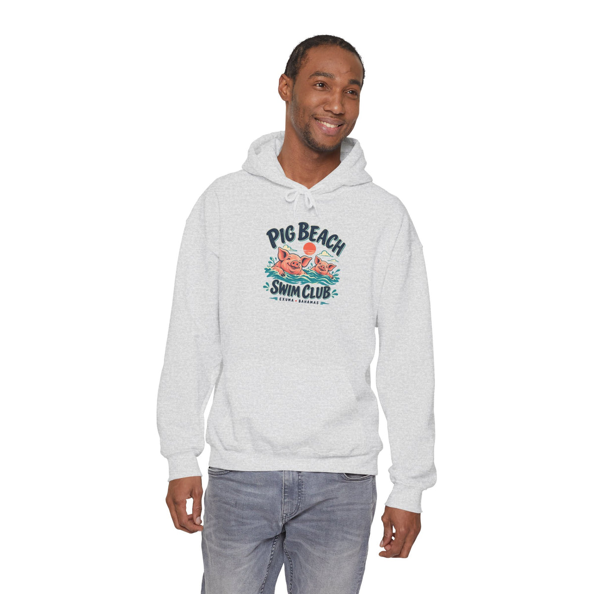Model wearing the Pig Beach Swim Club Exuma Bahamas Gildan 18500 hoodie.