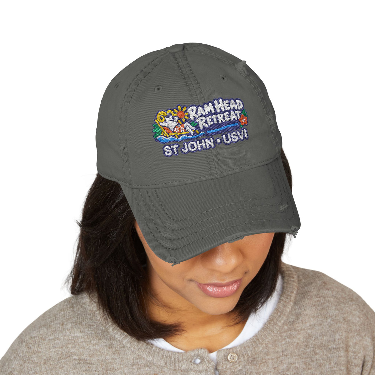 Ram Head Retreat St John USVI embroidered distressed dad hat, product and model view 6