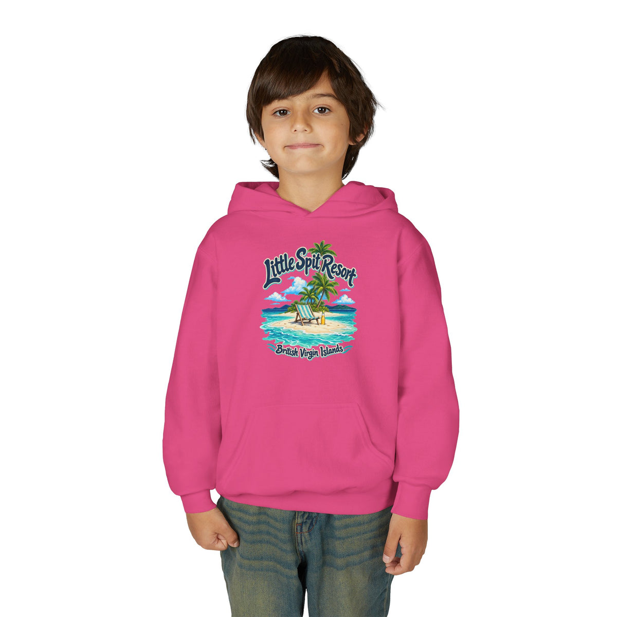 Young model wearing the Little Spit Resort BVI Gildan 18500B youth hoodie, front-view mockup.