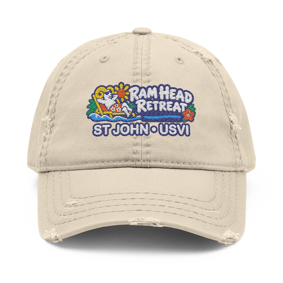 Ram Head Retreat St John USVI embroidered distressed dad hat, product and model view 3