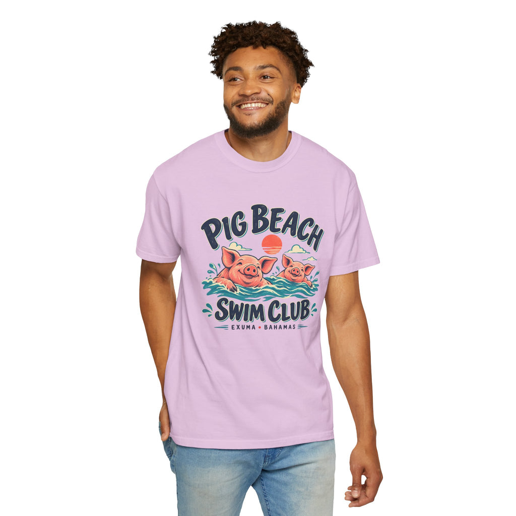 Model wearing the Pig Beach Swim Club Exuma Bahamas Comfort Colors 1717 T-shirt.