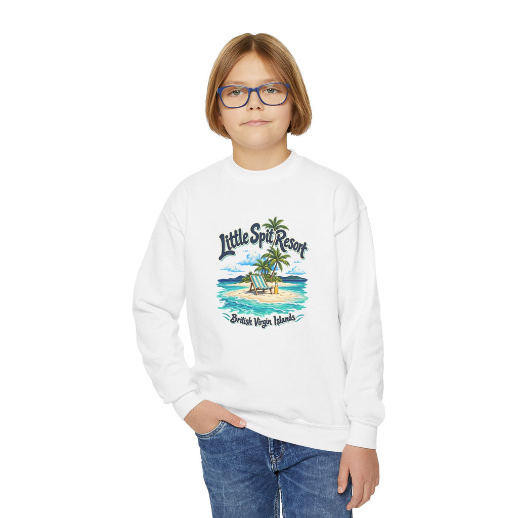 Youth model wearing the Little Spit Resort BVI Gildan 18000B sweatshirt with enlarged tropical artwork aligned high on the chest.