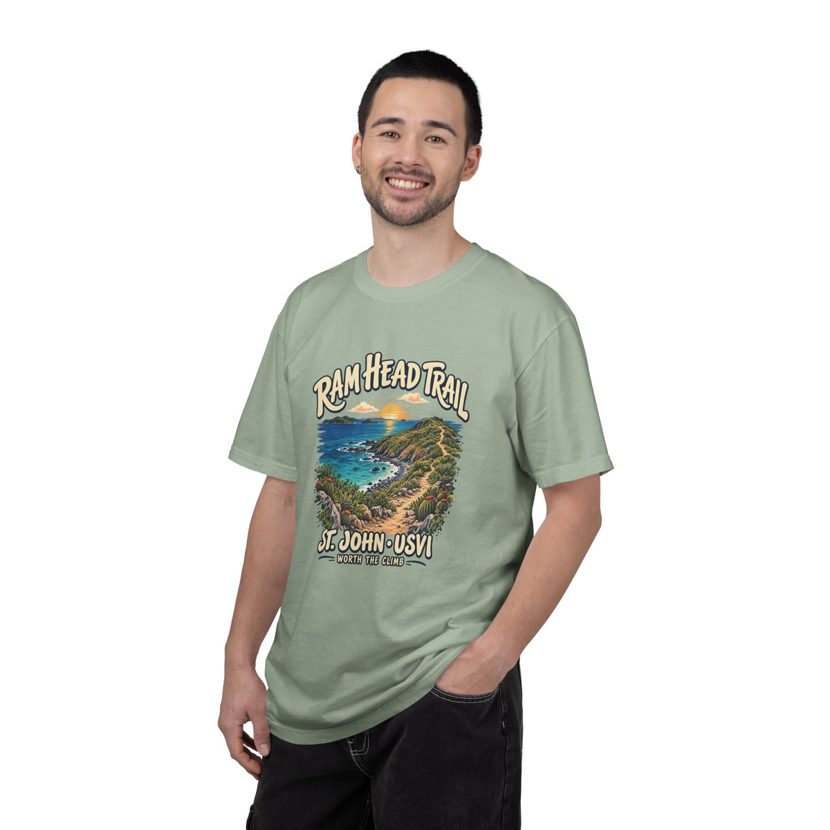 Model wearing a Comfort Colors 1717 T-shirt with the Ram Head Trail coastal illustration and St. John USVI lettering on the front.