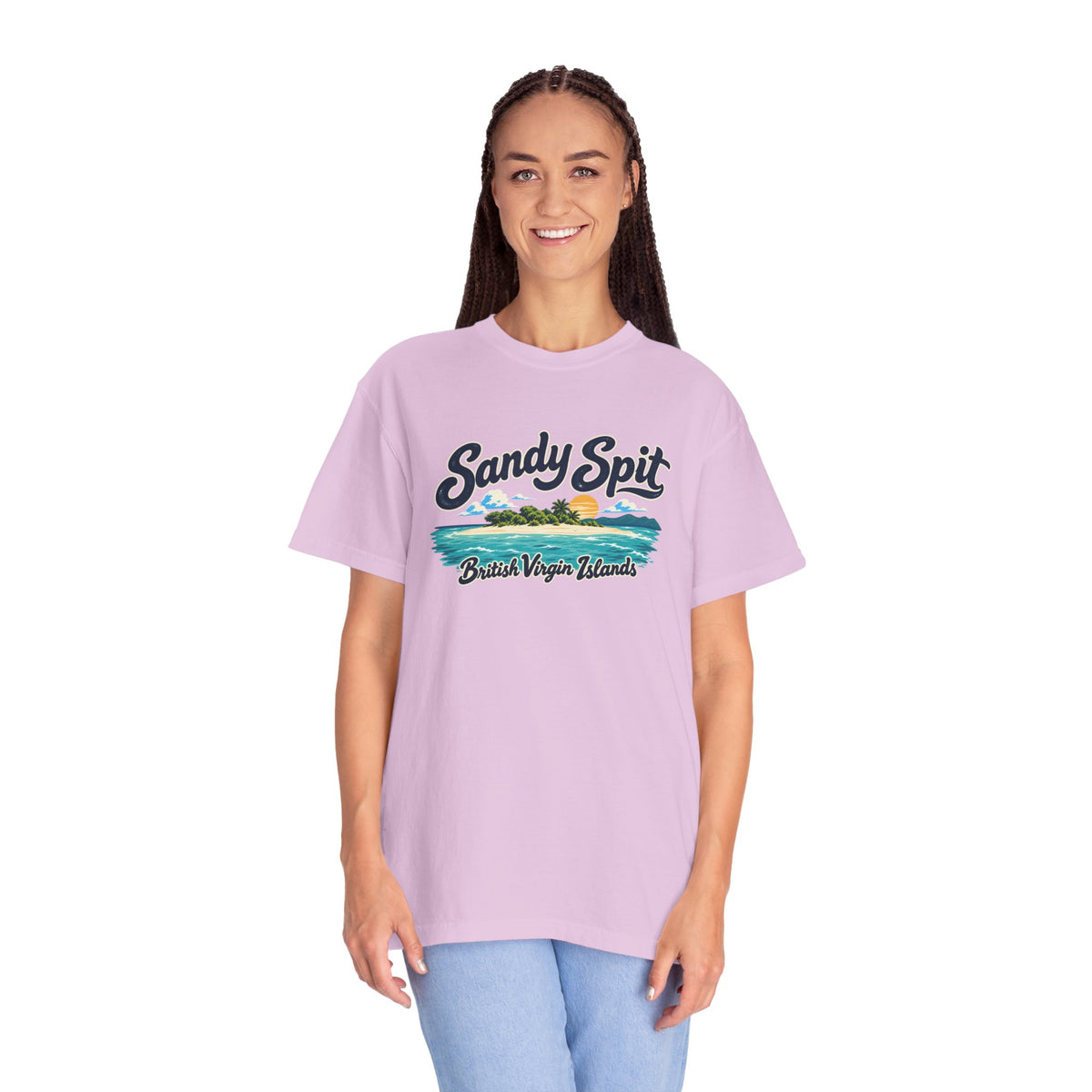 Model wearing the Sandy Spit BVI Comfort Colors 1717 T-shirt with colorful palm-tree island artwork and British Virgin Islands lettering.