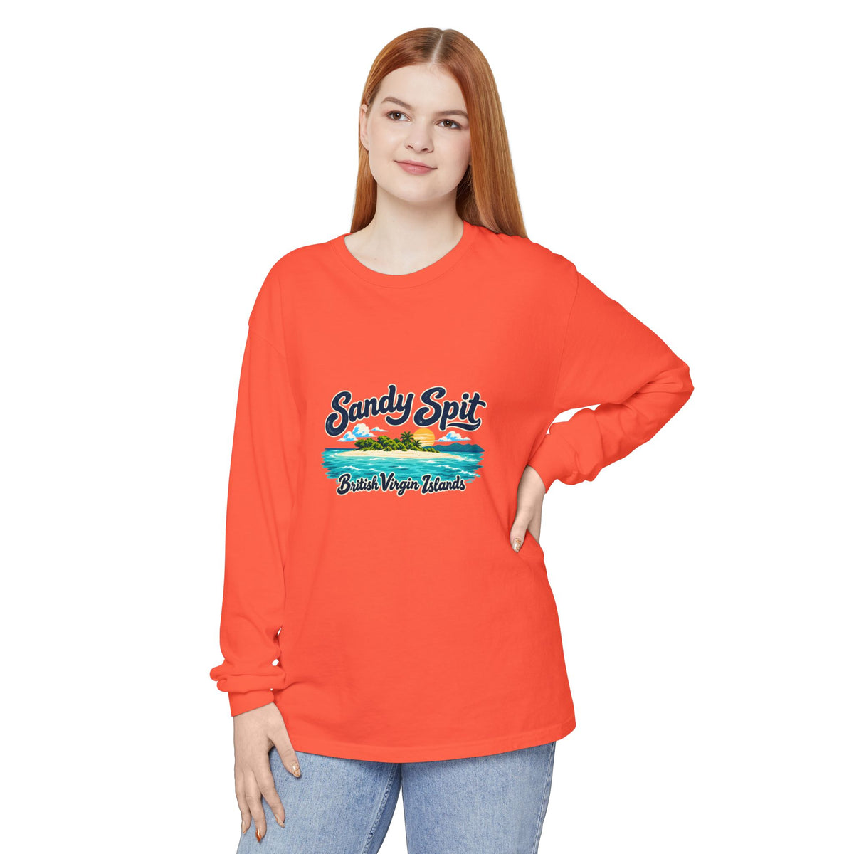 Model wearing the Sandy Spit British Virgin Islands Comfort Colors 6014 long-sleeve T-shirt.