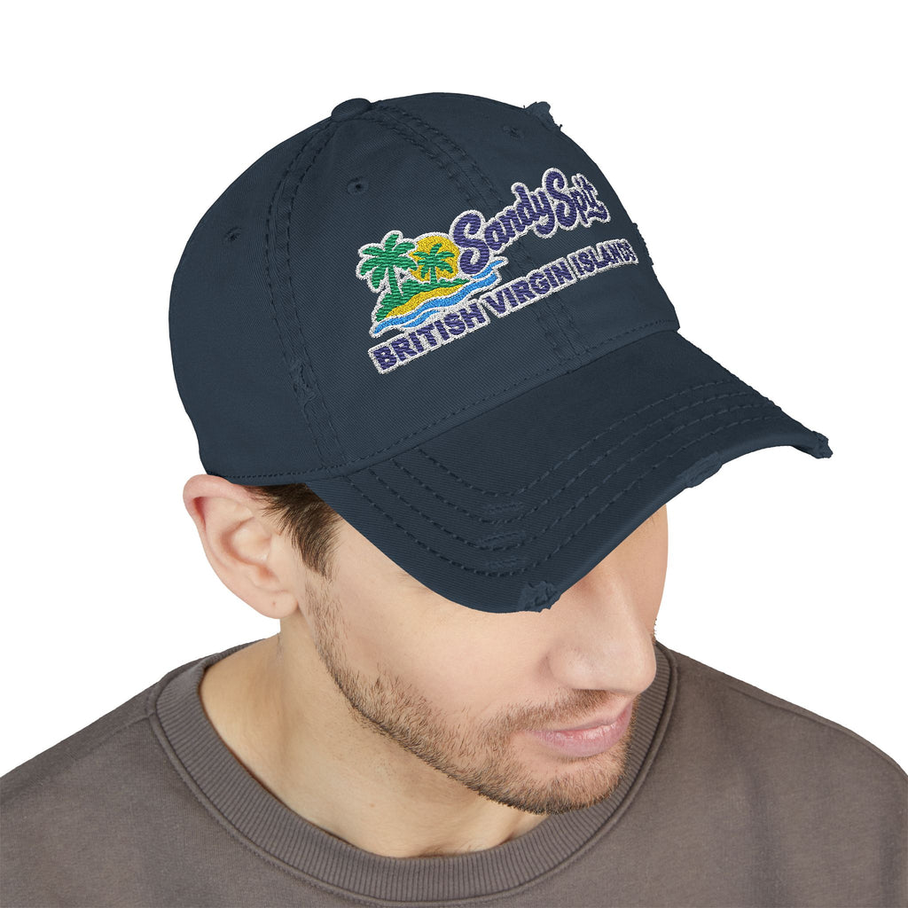 Model wearing the Sandy Spit BVI embroidered OTTO 104-1018 distressed dad hat, front-view mockup.