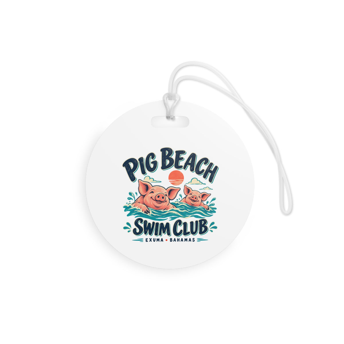 Pig Beach Swim Club Exuma Bahamas luggage tag with artwork positioned below the strap opening.