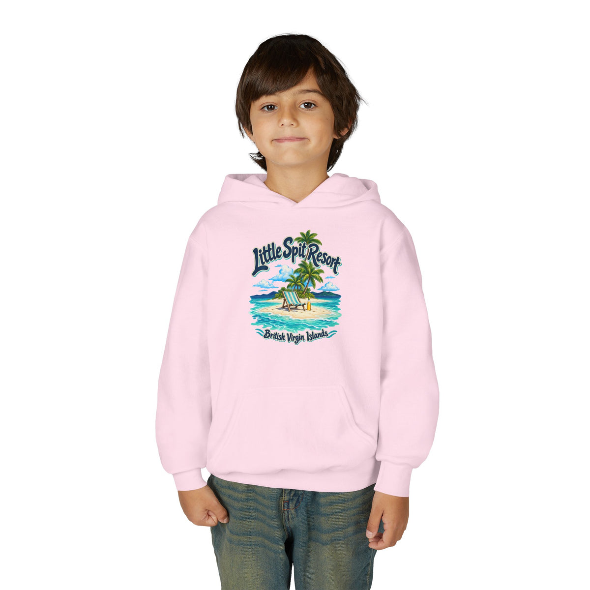 Young model wearing the Little Spit Resort BVI Gildan 18500B youth hoodie, front-view mockup.