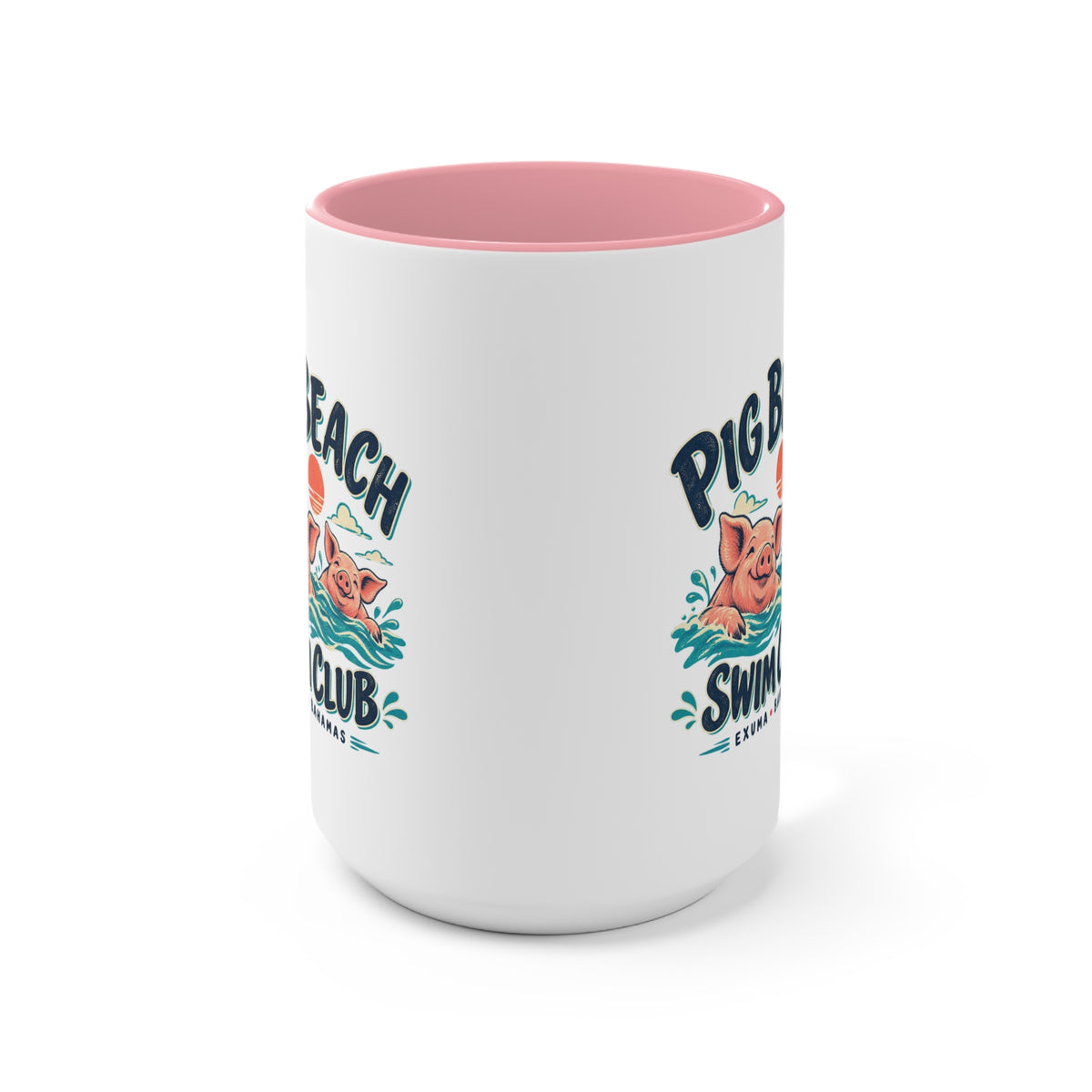 Pig Beach Swim Club Exuma Bahamas accent mug with colorful swimming-pig artwork printed on both sides.