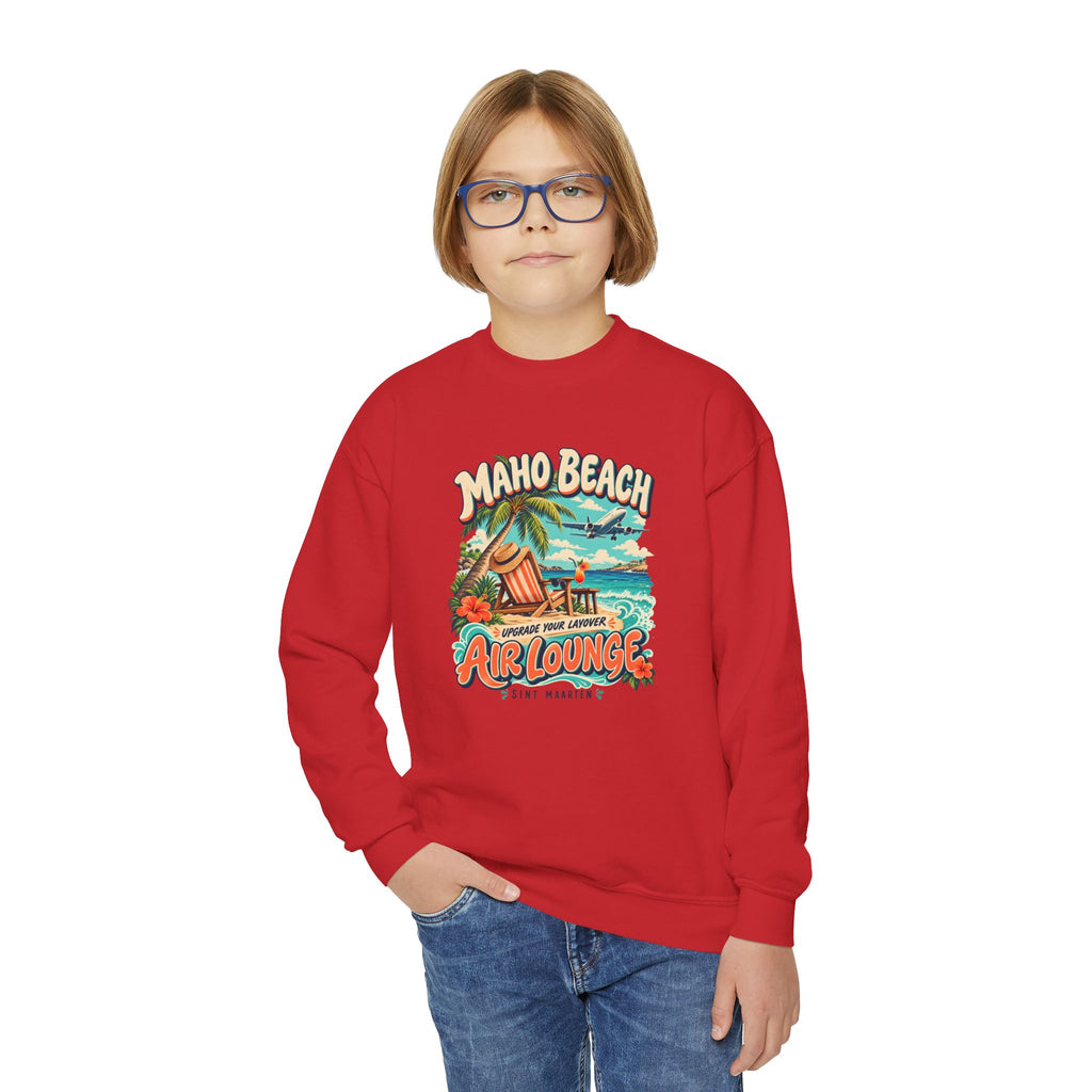 Maho Beach Air Lounge Sint Maarten Gildan 18000B Youth Sweatshirt featuring the Maho Beach destination artwork, supplier product mockup