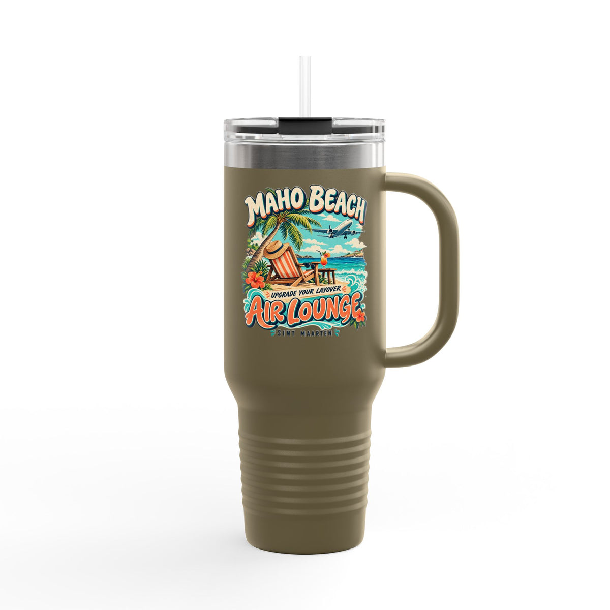 Maho Beach Air Lounge Sint Maarten Polar Camel 40 oz Travel Mug illustrated destination design, product mockup