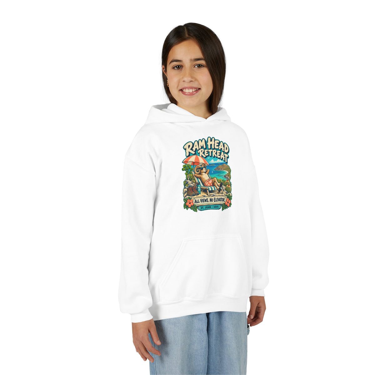 Model wearing Ram Head Retreat St John USVI Gildan 18500B Youth Hoodie with the lounging ram retreat design.