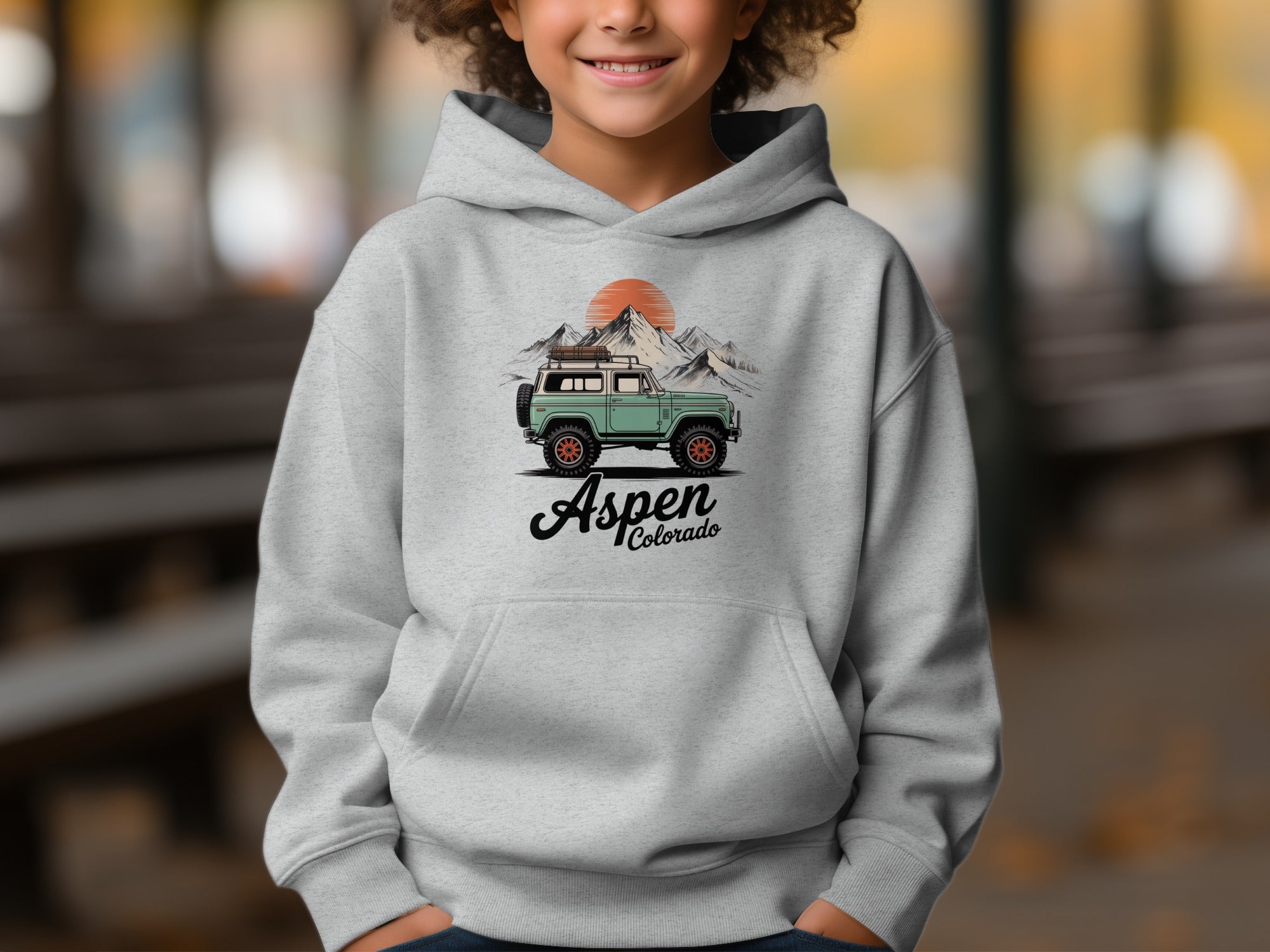 Aspen Colorado Hoodie with Mountain and Car Design
