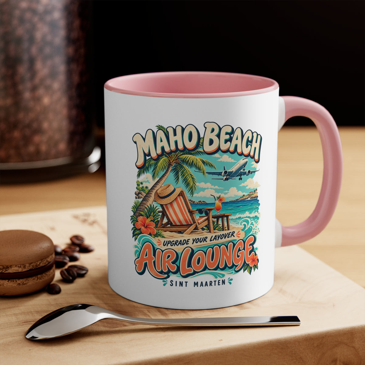 Maho Beach Air Lounge Sint Maarten Accent Coffee Mug illustrated destination design, product mockup