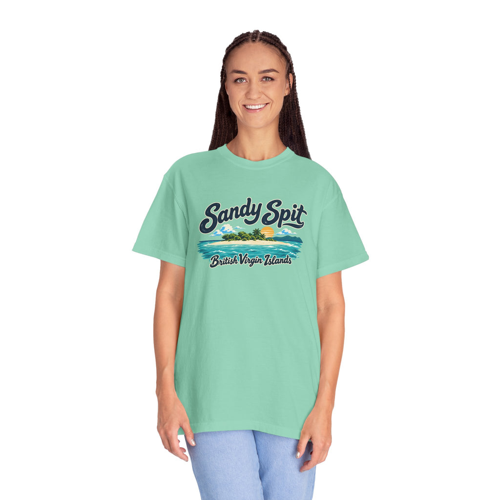 Model wearing the Sandy Spit BVI Comfort Colors 1717 T-shirt with colorful palm-tree island artwork and British Virgin Islands lettering.