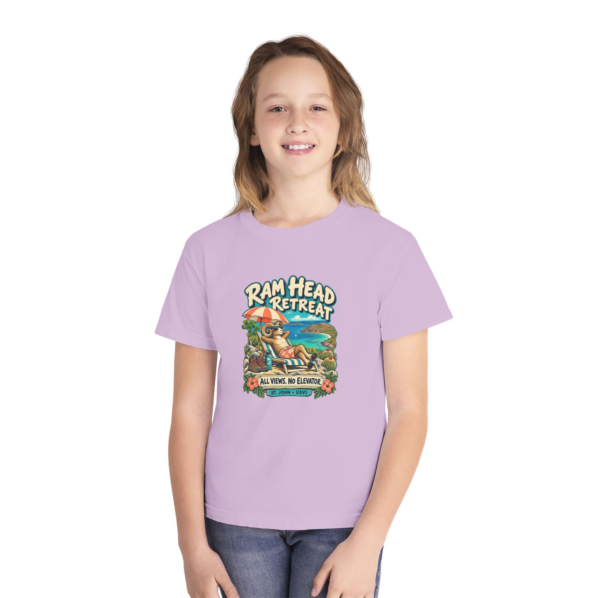 Model wearing Ram Head Retreat St John USVI Comfort Colors 9018 Youth T-Shirt with the lounging ram retreat design.
