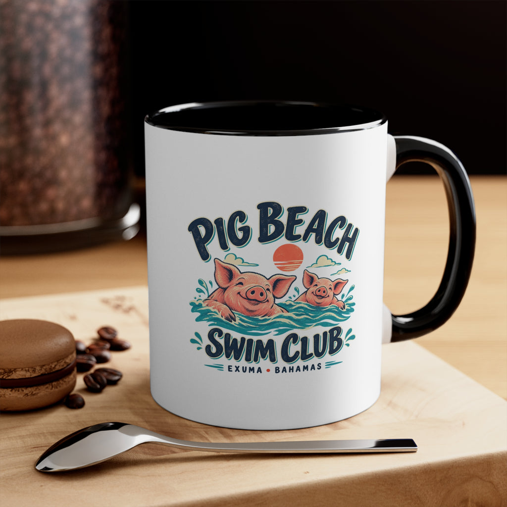 Pig Beach Swim Club Exuma Bahamas accent mug with colorful swimming-pig artwork printed on both sides.
