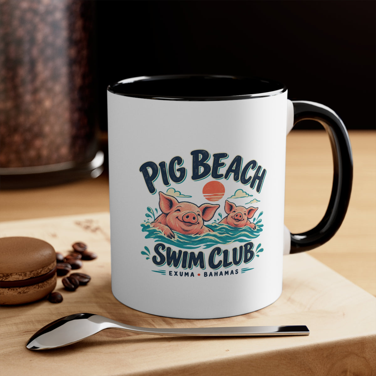 Pig Beach Swim Club Exuma Bahamas accent mug with colorful swimming-pig artwork printed on both sides.