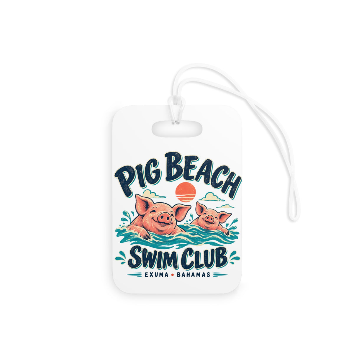 Pig Beach Swim Club Exuma Bahamas luggage tag with artwork positioned below the strap opening.