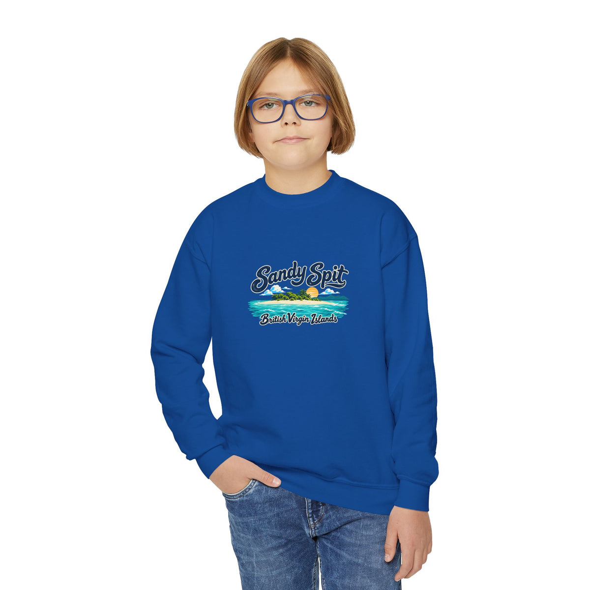 Youth model wearing the Sandy Spit BVI Gildan 18000B sweatshirt with enlarged island artwork placed higher on the chest.