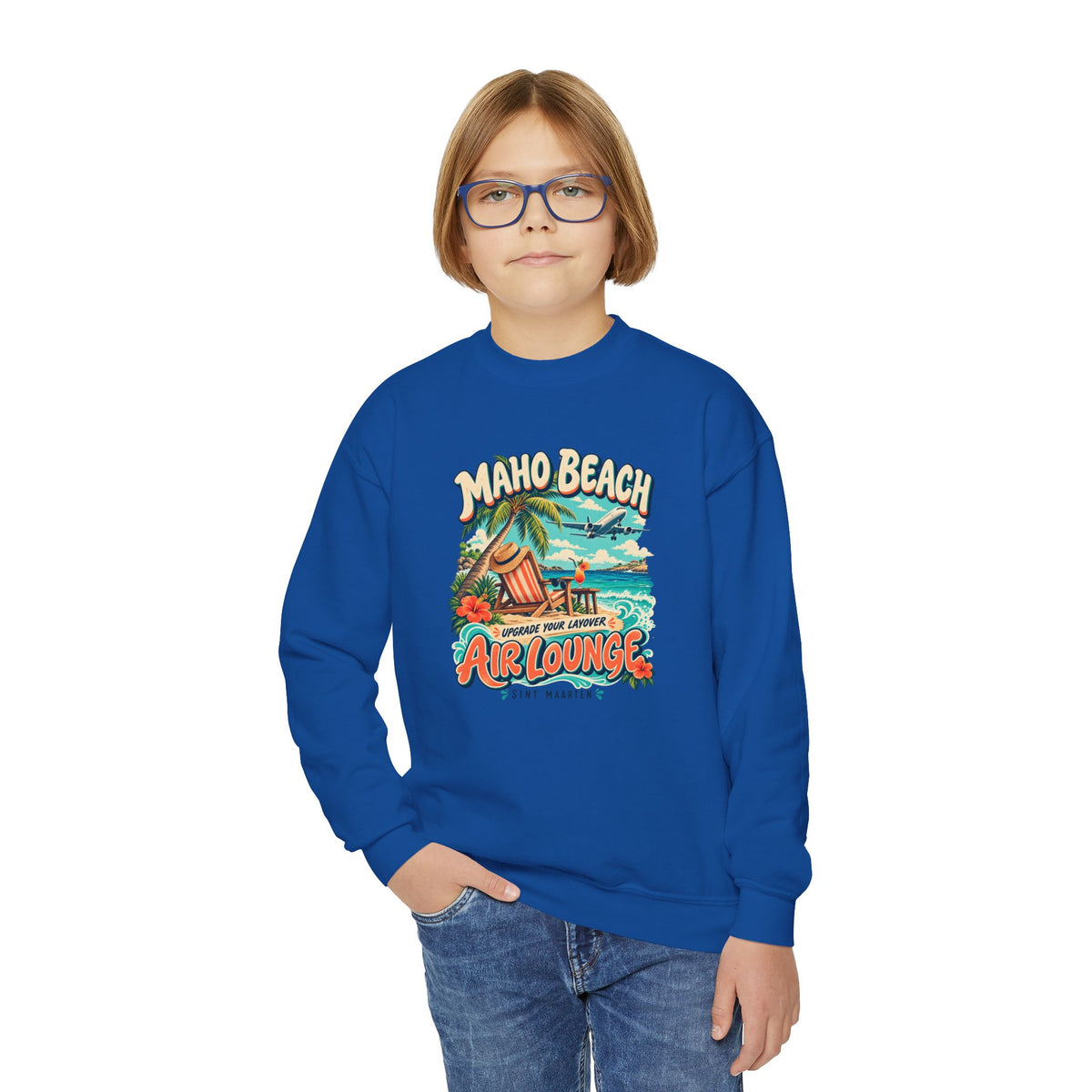 Maho Beach Air Lounge Sint Maarten Gildan 18000B Youth Sweatshirt featuring the Maho Beach destination artwork, supplier product mockup