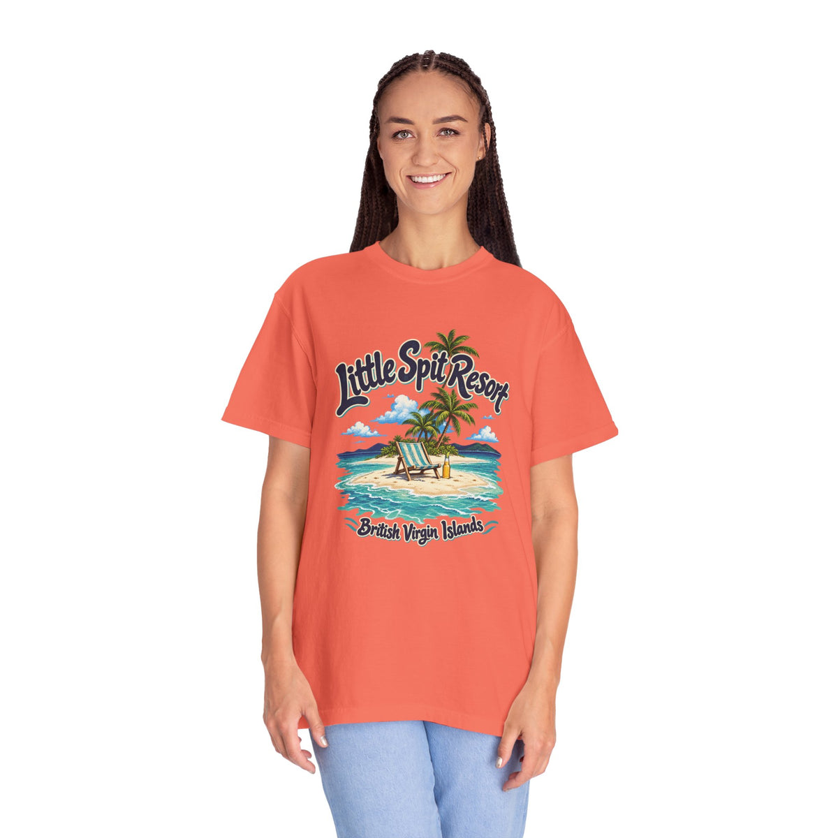 Model wearing the Little Spit Resort BVI Comfort Colors 1717 T-shirt with a playful beach-chair, palm-tree, and bottle illustration.