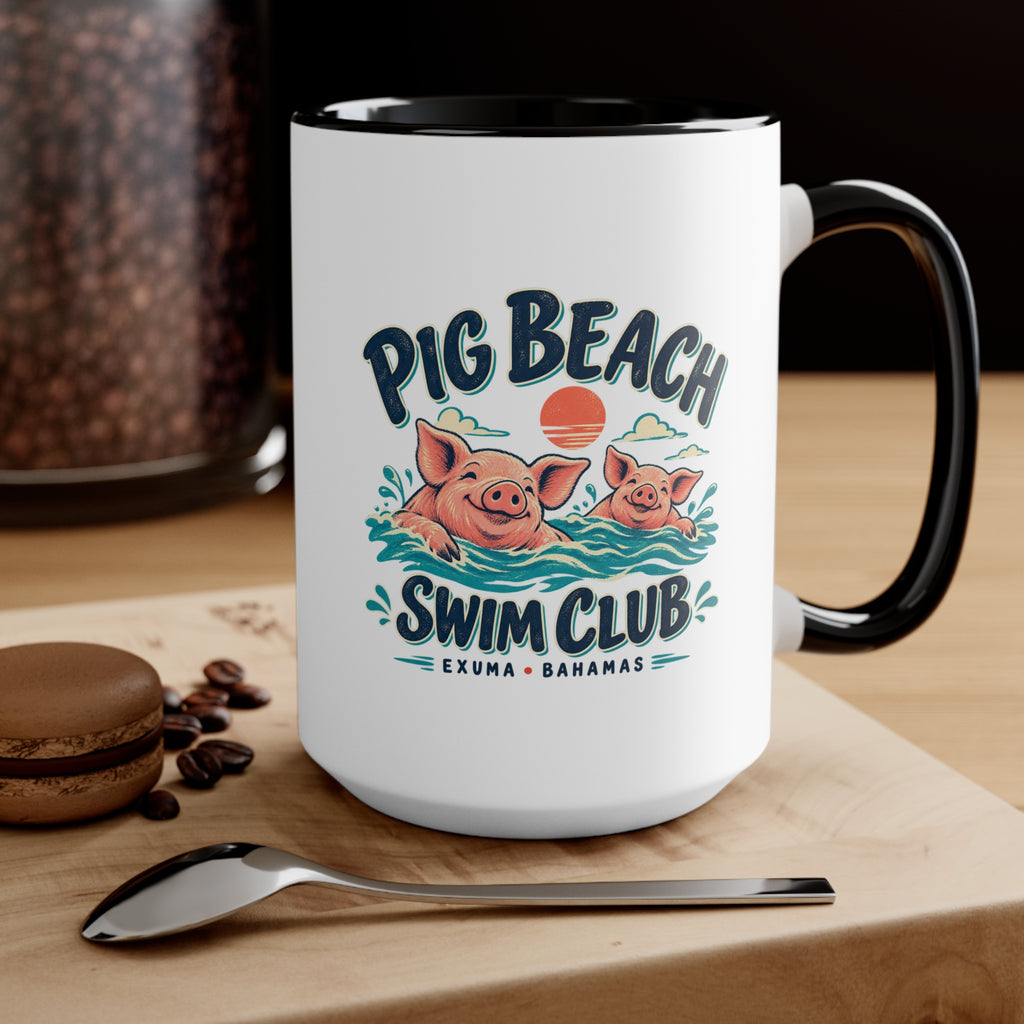 Pig Beach Swim Club Exuma Bahamas accent mug with colorful swimming-pig artwork printed on both sides.