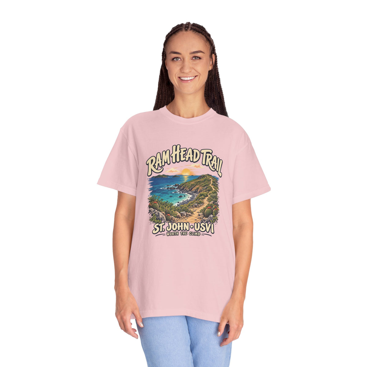 Model wearing a Comfort Colors 1717 T-shirt with the Ram Head Trail coastal illustration and St. John USVI lettering on the front.