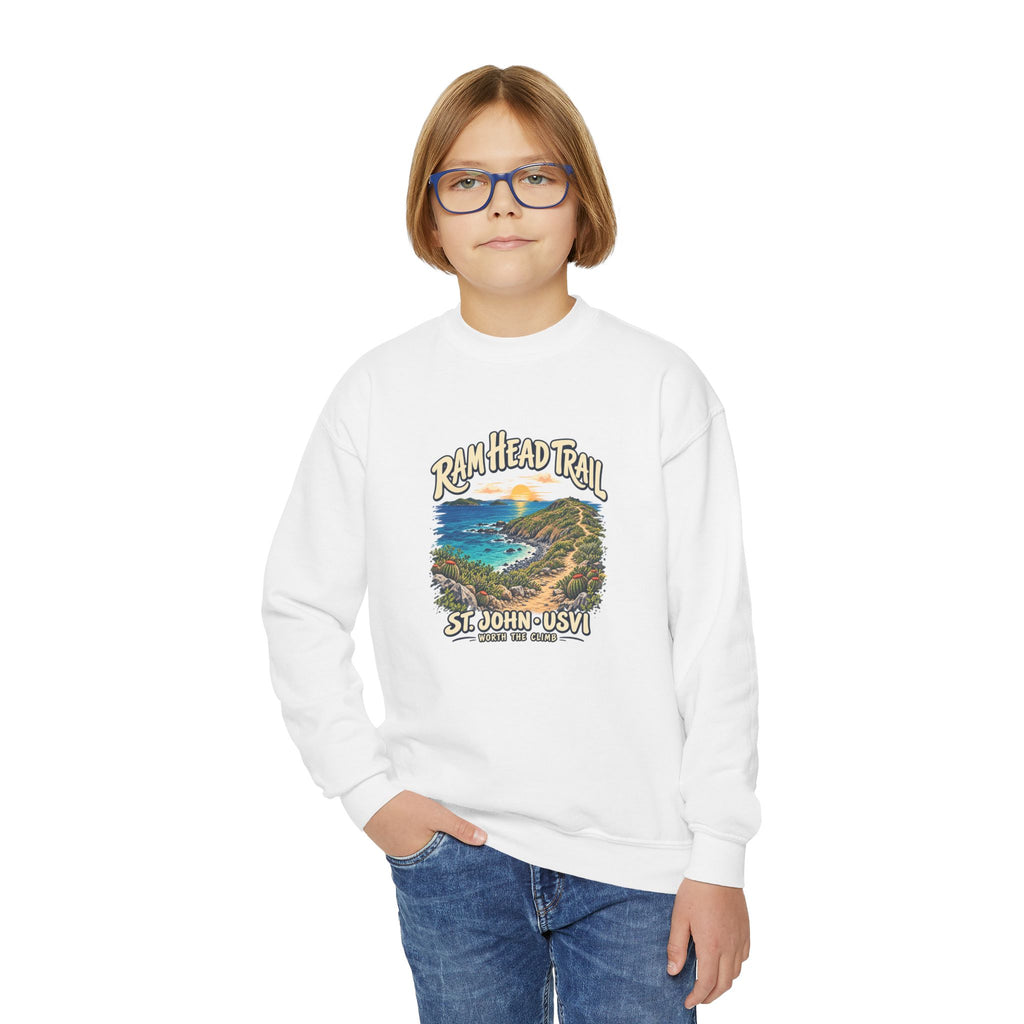 Youth model wearing a Gildan 18000B sweatshirt with Ram Head Trail St John USVI coastal artwork.