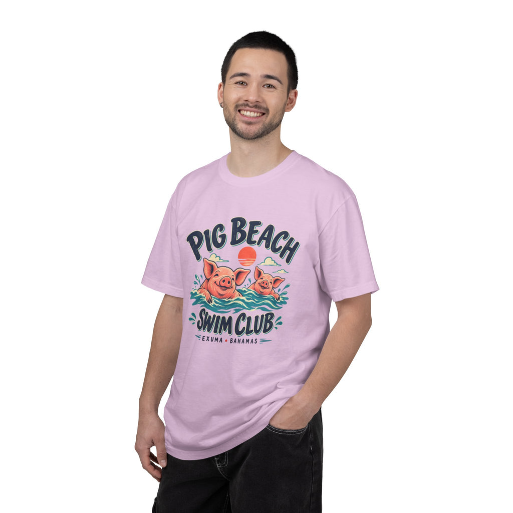Model wearing the Pig Beach Swim Club Exuma Bahamas Comfort Colors 1717 T-shirt.