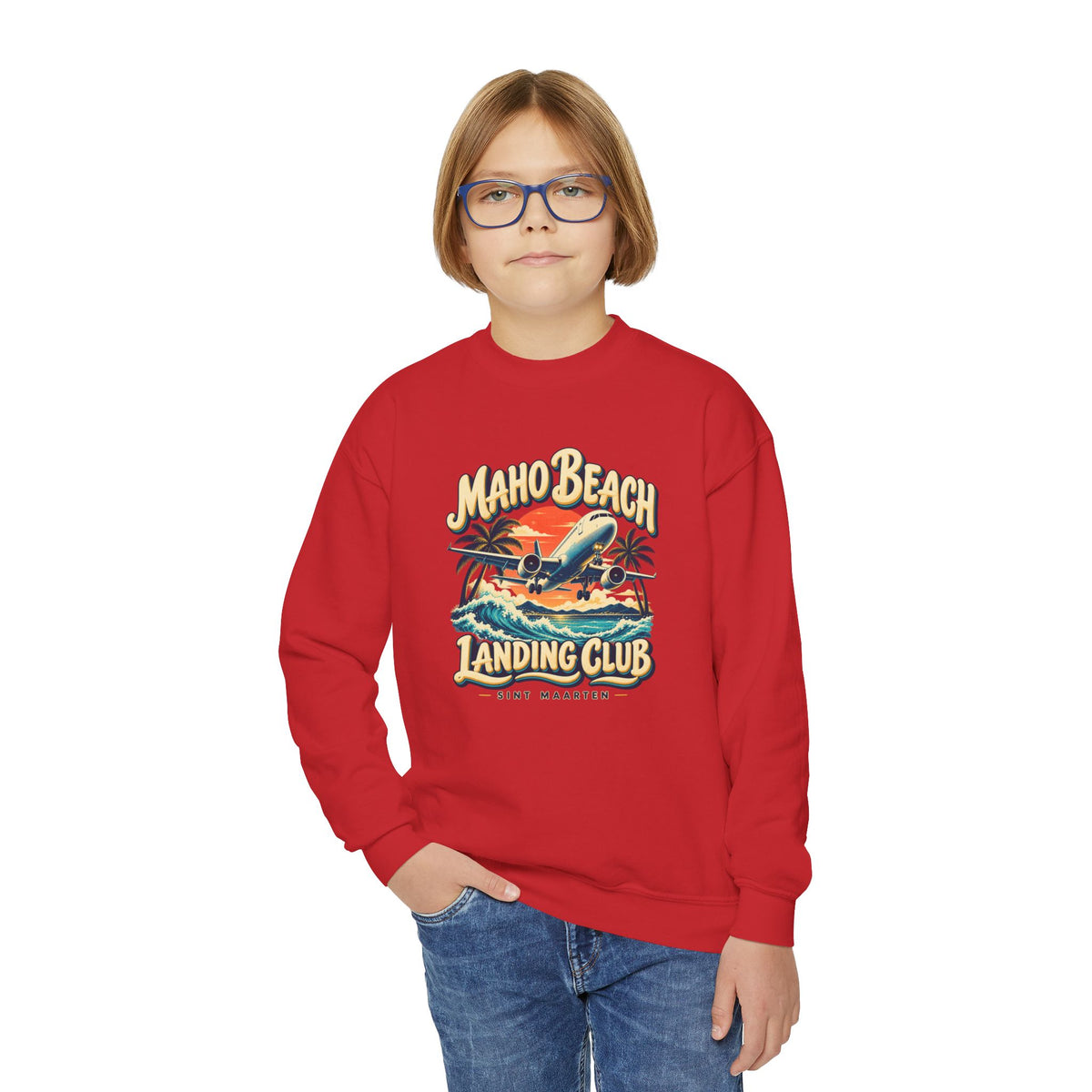 Maho Beach Landing Club Sint Maarten Gildan 18000B Youth Sweatshirt featuring the Maho Beach destination artwork, supplier product mockup