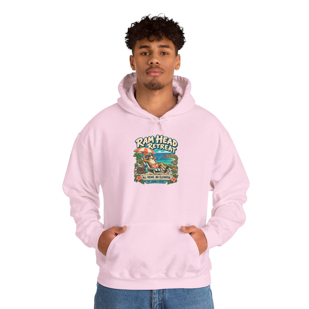 Model wearing a Ram Head Retreat St John USVI Gildan 18500 hoodie with lounging ram artwork.