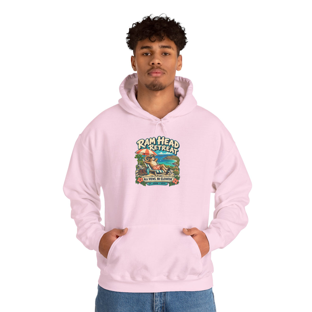 Model wearing a Ram Head Retreat St John USVI Gildan 18500 hoodie with lounging ram artwork.