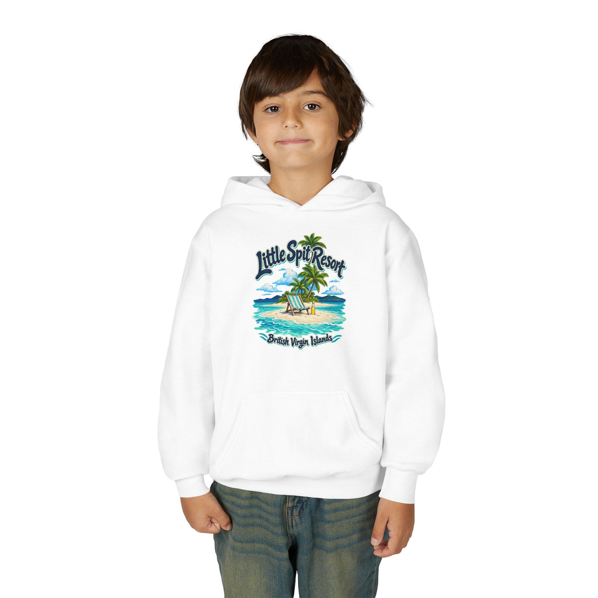 Young model wearing the Little Spit Resort BVI Gildan 18500B youth hoodie, front-view mockup.