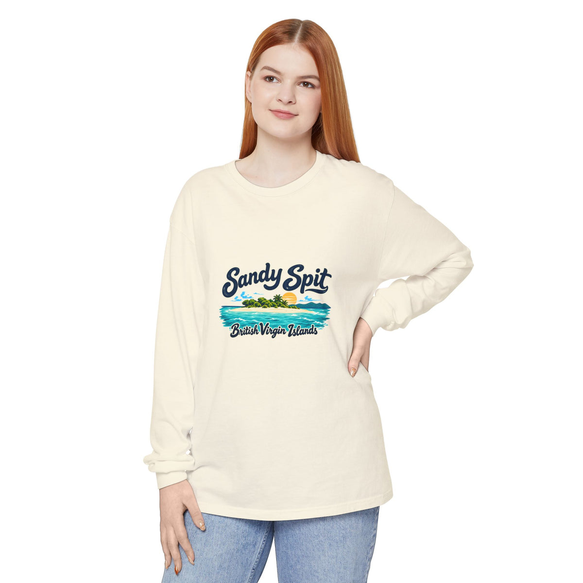 Model wearing the Sandy Spit British Virgin Islands Comfort Colors 6014 long-sleeve T-shirt.