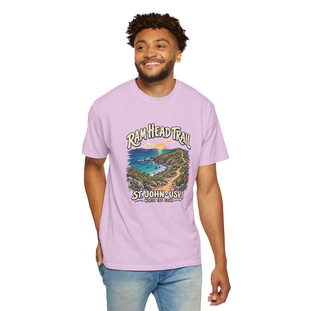 Model wearing a Comfort Colors 1717 T-shirt with the Ram Head Trail coastal illustration and St. John USVI lettering on the front.