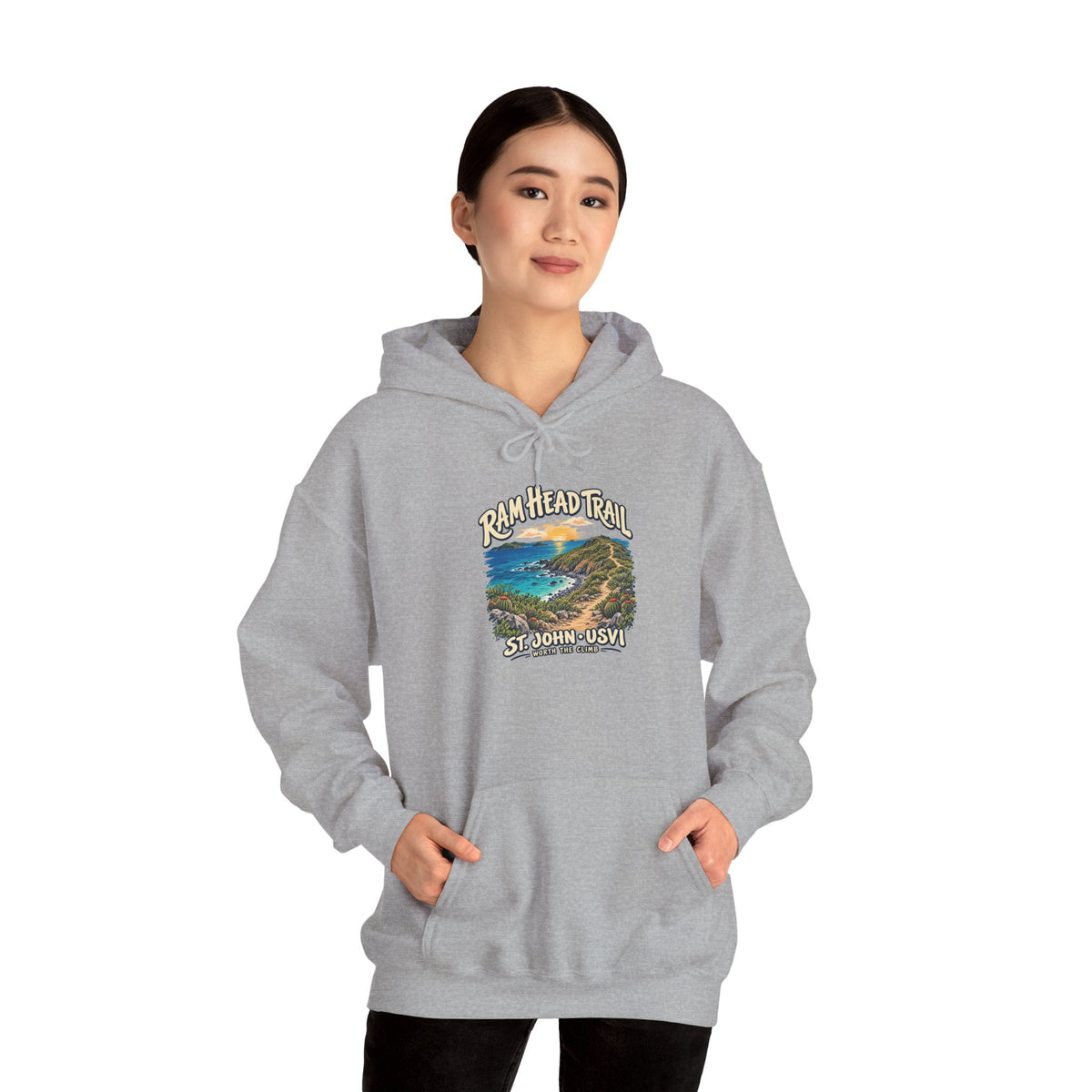 Model wearing a Gildan 18500 hoodie with the Ram Head Trail coastal design and St. John USVI lettering on the front.