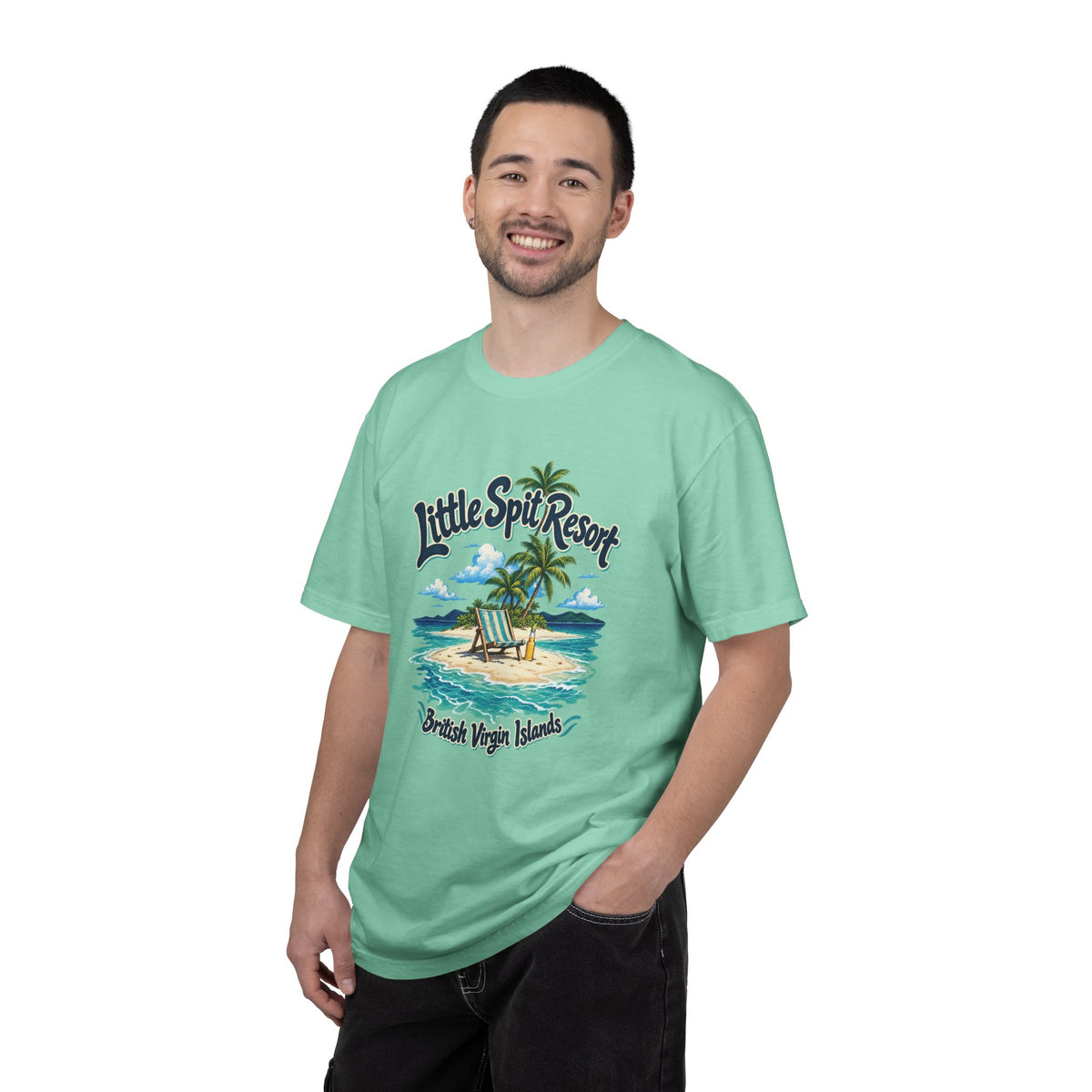 Model wearing the Little Spit Resort BVI Comfort Colors 1717 T-shirt with a playful beach-chair, palm-tree, and bottle illustration.