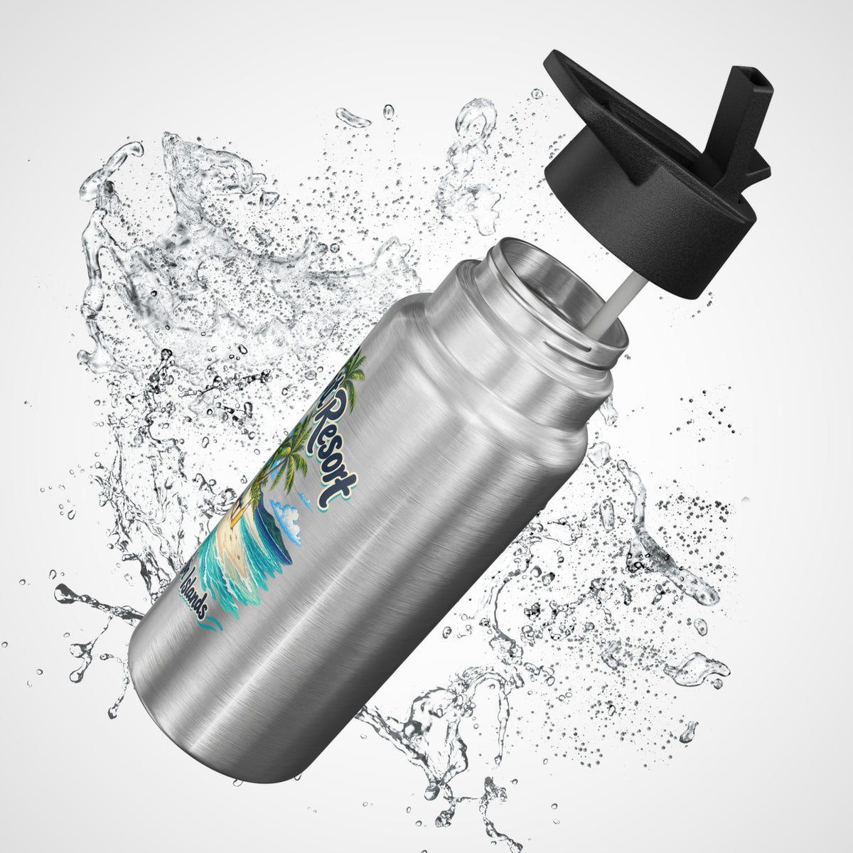 Little Spit Resort BVI artwork on a silver Gator 32-ounce tumbler with black lid in a product mockup.