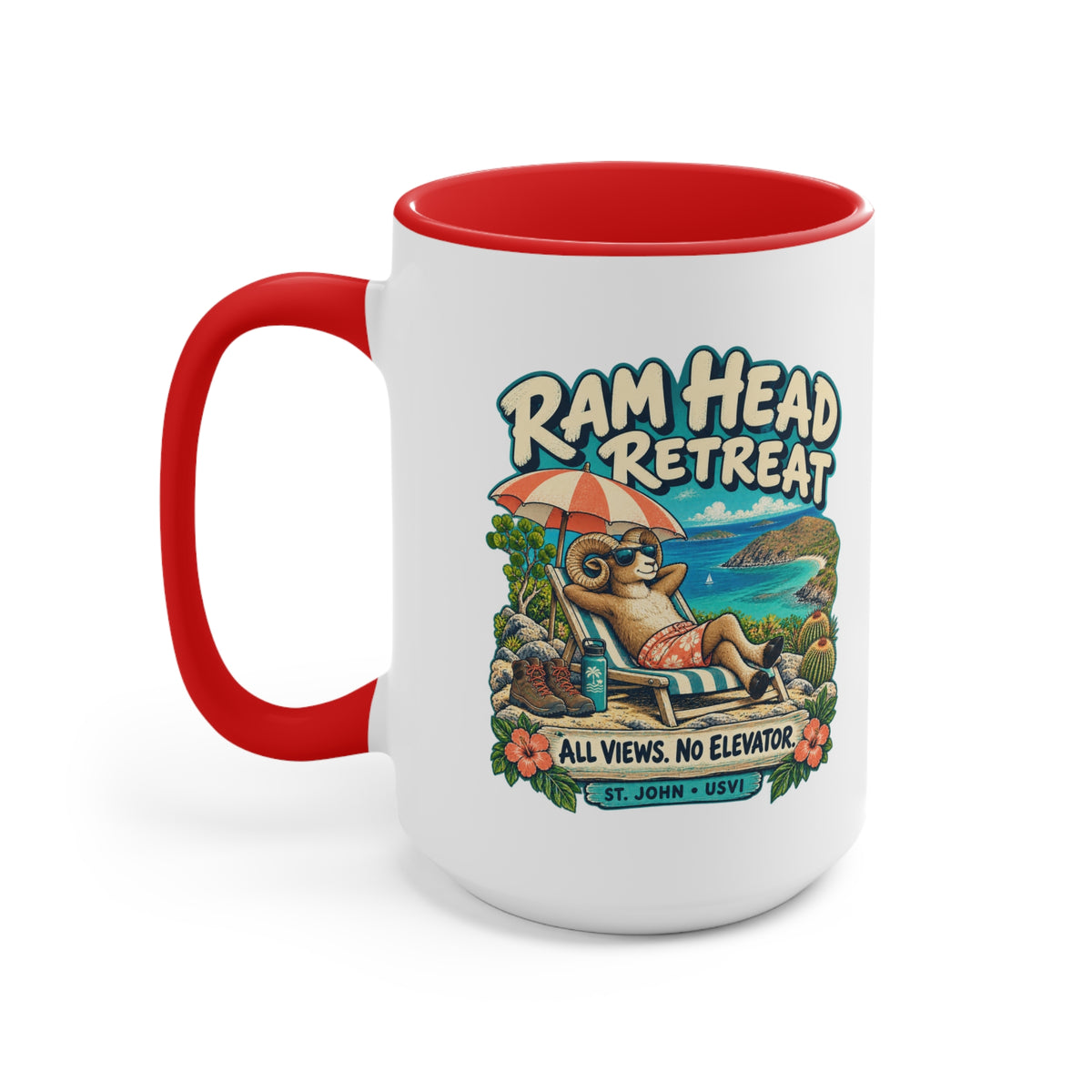 Ram Head Retreat St John USVI accent mug displaying the lounging ram design on its printed side.