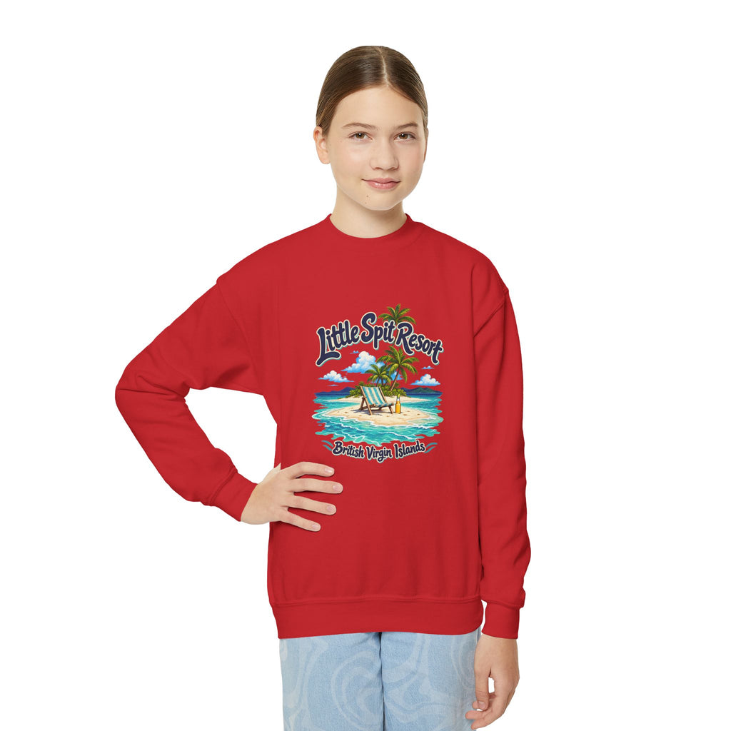 Youth model wearing the Little Spit Resort BVI Gildan 18000B sweatshirt with enlarged tropical artwork aligned high on the chest.