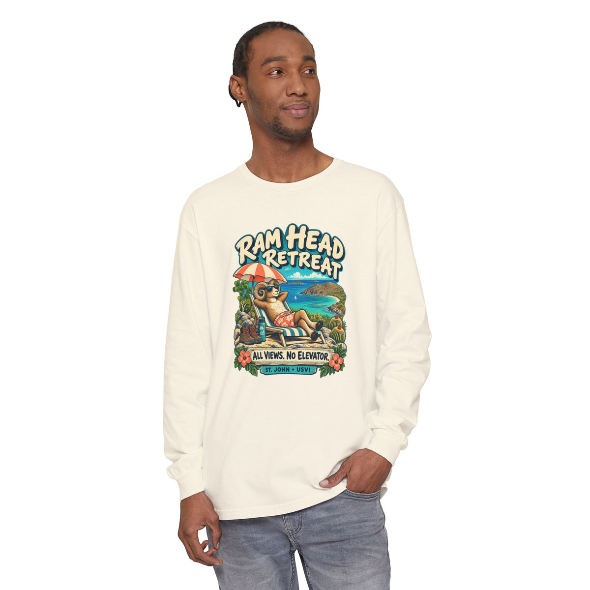 Model wearing Ram Head Retreat St John USVI Comfort Colors 6014 Long-Sleeve T-Shirt with the lounging ram retreat design.
