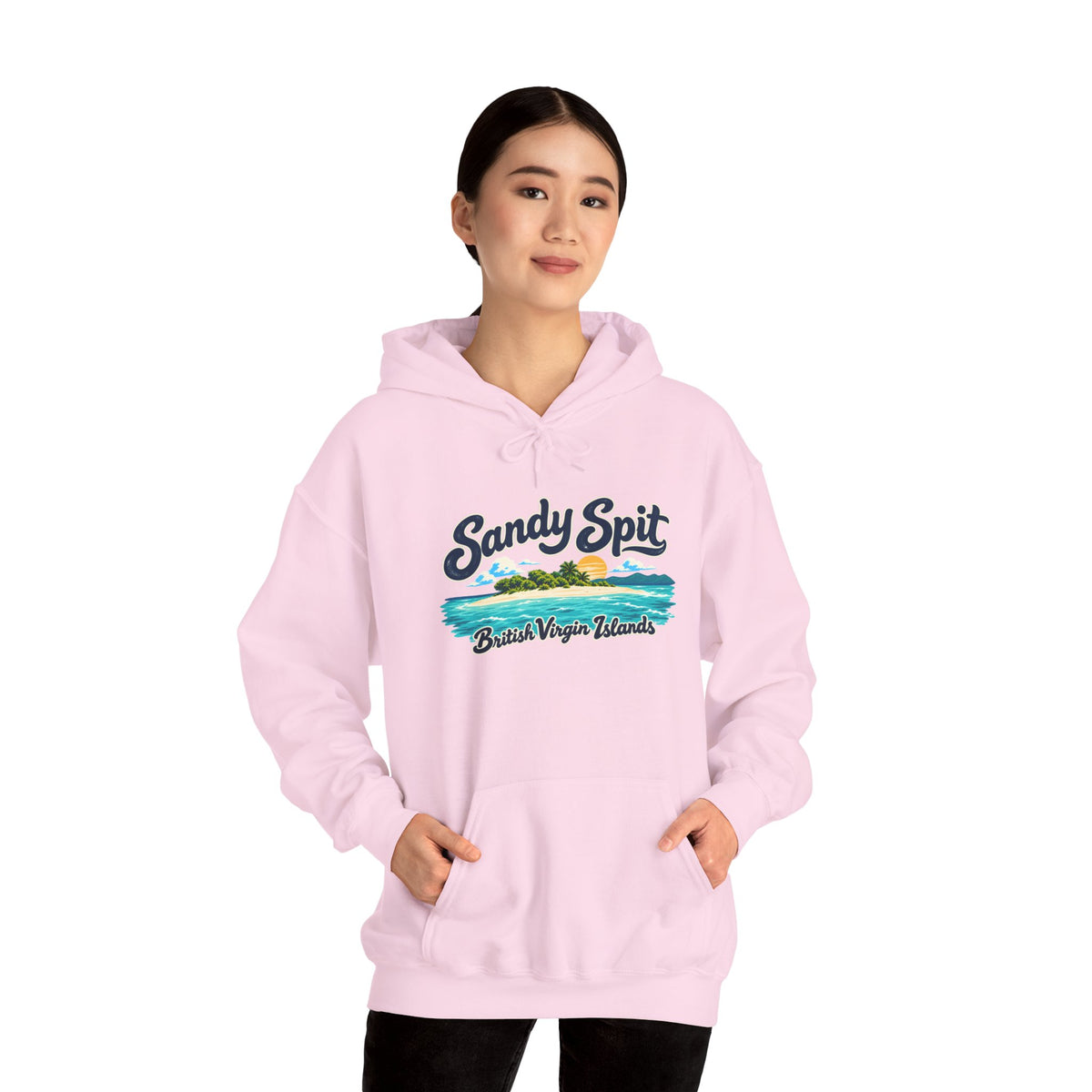 Model wearing the Sandy Spit BVI Gildan 18500 hoodie with colorful palm-tree island artwork and British Virgin Islands lettering.