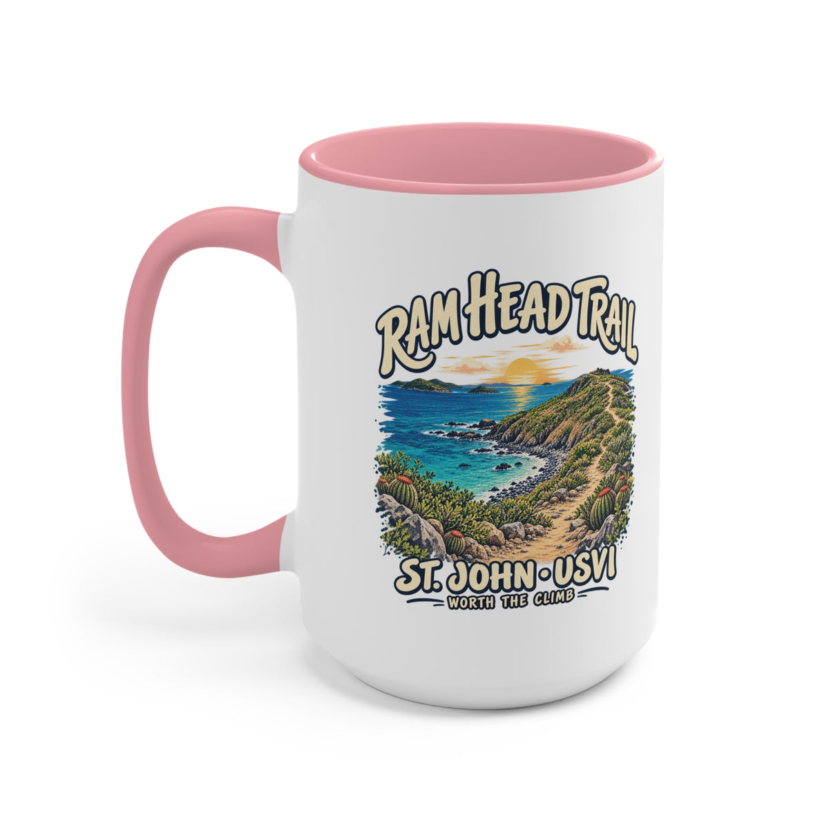 Ram Head Trail St John USVI coastal artwork on the printed side of a ceramic accent coffee mug.